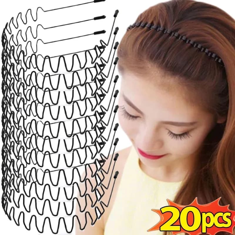 1/20pcs Unisex Black Elastic Non Slip Simple Metal Headbands For Men Women Wavy Hairband Spring Hair Hoop Hair Accessories