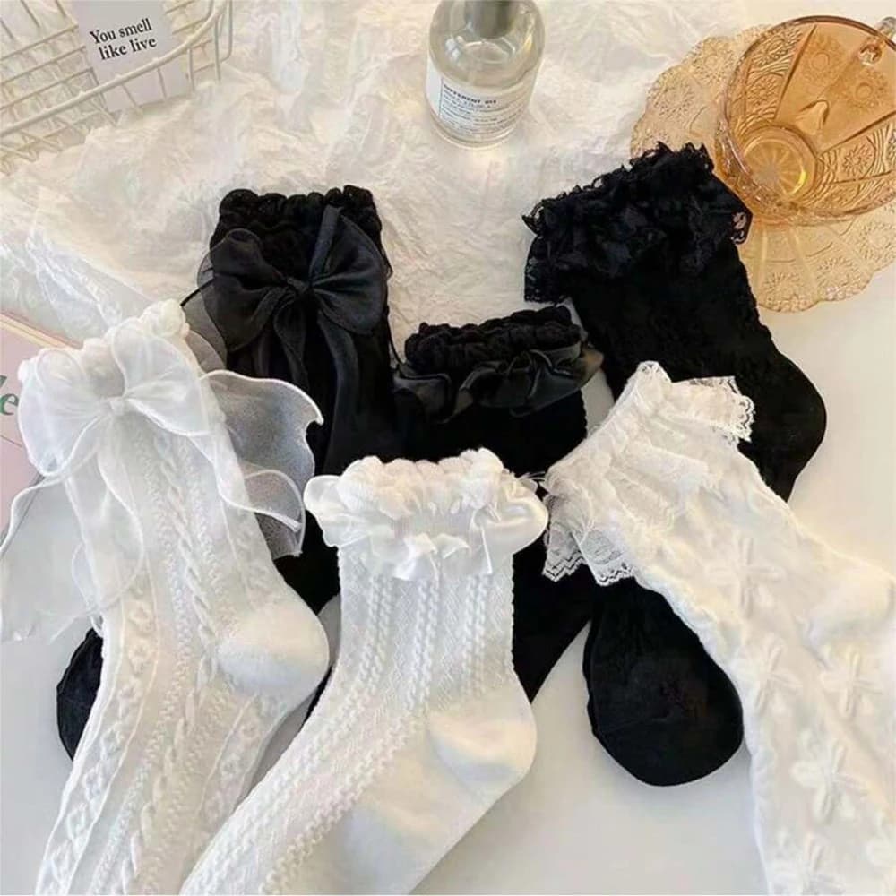 6 Pairs Women Butterfly Bow Decoration Fashionable Round Neck Socks Versatile Suitable Daily Life Soft Comfortable Casual Socks