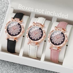 3PCS Women Watches Fashion Rhinestone Heart Dial Quartz Watch Female Leather Band Wristwatches Set(Without Box)