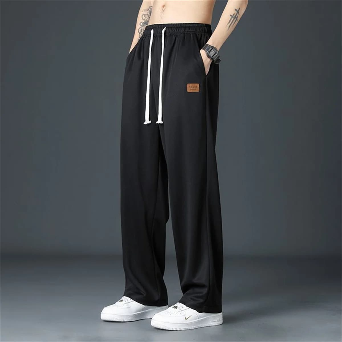Black Straight Pants for Men's Summer Wide Leg Pants Casual Harajuku Student Pants High Street Trousers Gray Cool Sweatpants