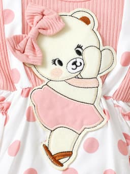 Fashionable Baby Girls' Casual Polka Dot Pattern Round Neck Flying Sleeve Cartoon Bear Embroidery Overall Dress With Hair Band,