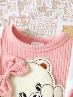Fashionable Baby Girls' Casual Polka Dot Pattern Round Neck Flying Sleeve Cartoon Bear Embroidery Overall Dress With Hair Band,