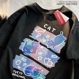 Fun Mischievous Cat Print Japanese Style T-Shirts Men Women Fashion Tshirs Breathable Summer T-Shirts Cotton Loose Tee Clothes