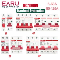 EARU DC 1000V 1/2/3/4P Solar Mini Circuit Breaker Overload Protection Switch 6A~63A/80A/100A/125A MCB for Photovoltaic PV System