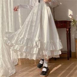 Korean Style Black White Half Skirt Female Long Skirts Japanese Solid Color Double Layer Vintage French Ruffled A-line Skirt