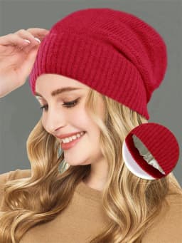 100%Cashmere Beanie Hat for Women's Winter Satin Lined Knitted Solid Skullies Cap Silk Lining Soft Warm Slouchy Bonnet