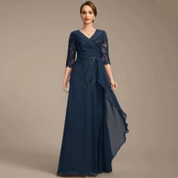 Elegant Navy Mother of The Bride Dress V Neck 3/4 Sleeves Sequined Applique Floor Length A Line Chiffon Wedding Guest Gown