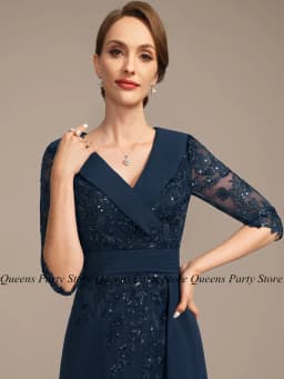 Elegant Navy Mother of The Bride Dress V Neck 3/4 Sleeves Sequined Applique Floor Length A Line Chiffon Wedding Guest Gown