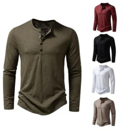 Autumn New Men's Cotton Button Long Sleeve Henley Neck T-Shirt Casual Solid Color Breathable Versatile Fashion Slim T-Shirts