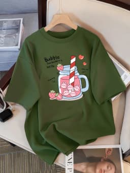 Delicious Strawberry Beverage Print Women T Shirt Summer Breathable Tee Cotton Street Clothing Casual Sport Cool Short Sleeve
