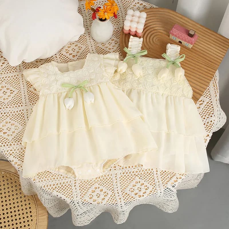 2026 New Summer Baby Clothes Sweet Infant Girls Tulip Bodysuit Flying Sleeve Princess Dress Sister Dress Toddler Outwear