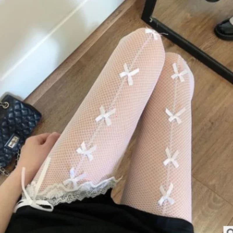 Kawaii Gothic Hollow Out Pantyhose Lolita Bow Knot Fishnet Stockings Women Spicy Girl Black White Sexy Thin Ins Tide Lace Tights