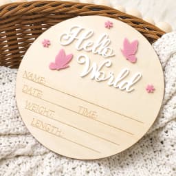 Ylsteed Hello World Newborn Name Sign Wooden Baby Announcement Sign Butterfly Arrival Announcement Sign for Hospital Baby Props
