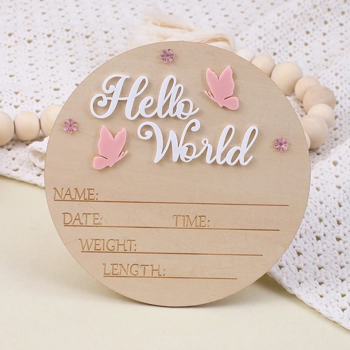 Ylsteed Hello World Newborn Name Sign Wooden Baby Announcement Sign Butterfly Arrival Announcement Sign for Hospital Baby Props