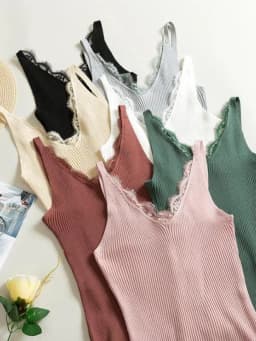 2026 Women Hook Flower Lace Tank solid Stitching V-neck Camis Female Knitted Short Slim Sleeveless Shirt Tank Casual Tops