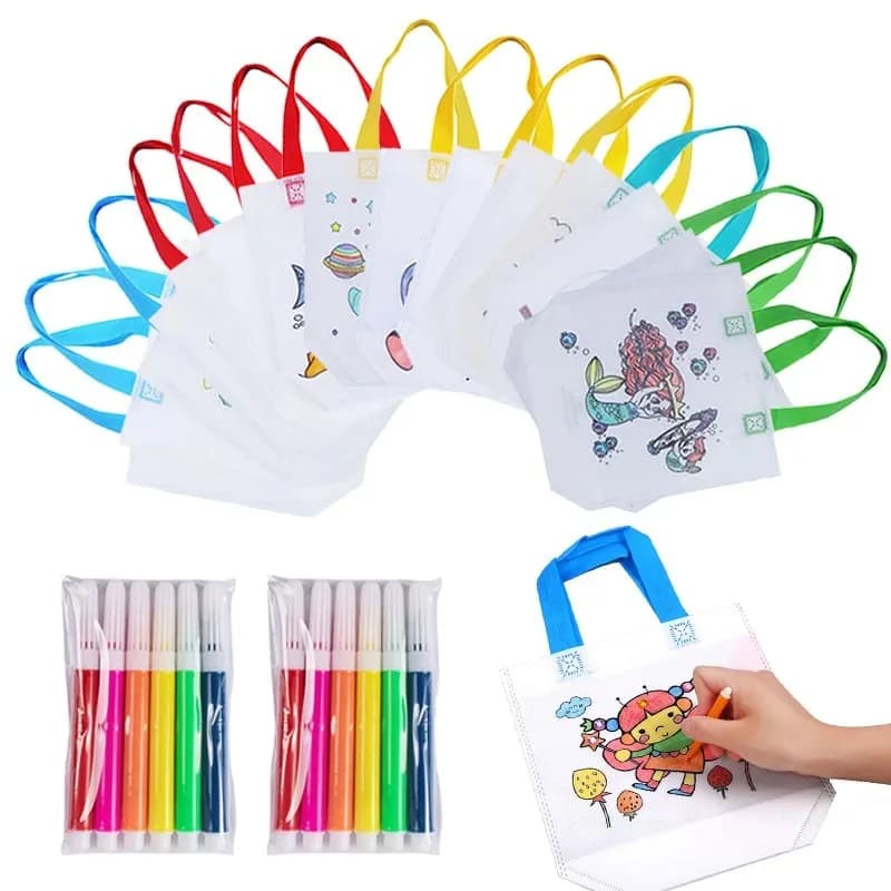 DIY /Coloring Goodie Bags with Coloring Markers Party Gift Bags for Kids Toy Storage Bag Eco Non-Woven Fabric Shopping Bags