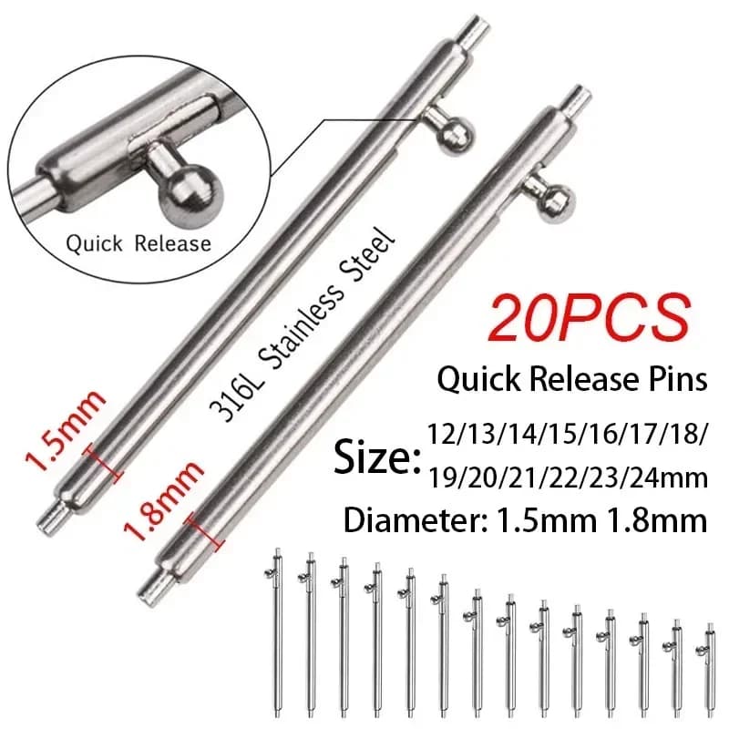20pcs Quick Release Strap Pins 1.5 1.8mm Diameter Stainless Steel Spring Bars 12/13/14/15/16/17/18/19/20/21/22/24mm Metal Spring
