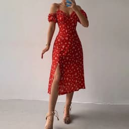 New Summer Elegant Casual Floral Print Off Shoulder Split Dress Women Short Sleeve Slim Midi Dress for Club Party Holiday
