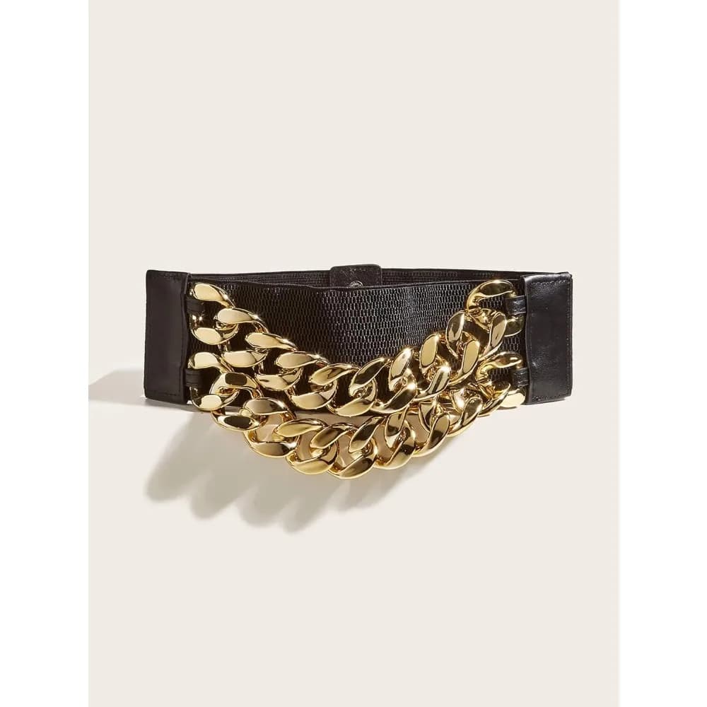 Women Gold Chain Decor Snap Button 8cm Wide Black Elastic Belt