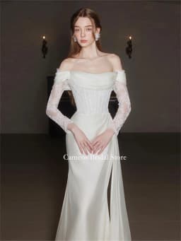 SONDR Off the Shoulder Fashion Korea Lace White Wedding Dresses Photo Shoot VINTAGE Satin Sweep Train Customized Bridal Gown