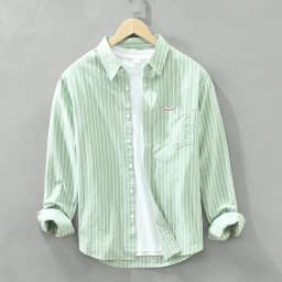 Men's Fashion Striped All-in-one Teen Cotton Comfortable Breathable Trend British Style Outdoor Casual Long-sleeved Cotton Shirt