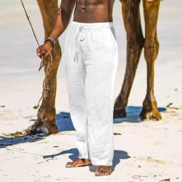 Men's Cotton Linen Pants Casual Loose Straight Pants Lightweight Drawstring Beach Trousers Mens Trousers