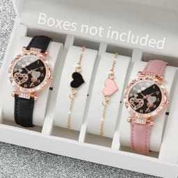 4PCS/Set Women's Watches Fashion Rhinestone Ladies Quartz Watch Leather Band Wristwatches Bracelets Set(Without Box)