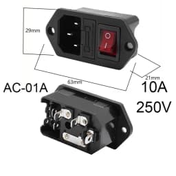 3 Pin IEC320 C14 C15 Electrical Socket LED 250V Rocker Switch Brass 10A Fuse Female Male Inlet Plug Pin Connector Computer Mount