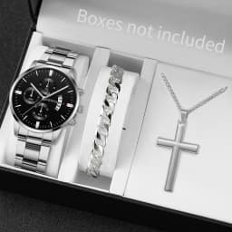 3PCS/Set Fashion Men's Stainless Steel Band Watch Casual Calendar Quartz Watch Jewelry Set(Without Box)