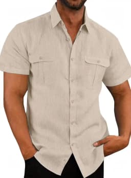 Men's Shirt Double Pocket Cotton Linen Short Sleeve Shirts for Men Casual Holiday Beach Shirt streetwear Solid Color Slim Fit