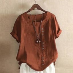 Women Single-breasted Decoration O Neck Pullover Shirt Vintage Cotton Linen Short Sleeves Blouse Comfortable Casual Female Tops