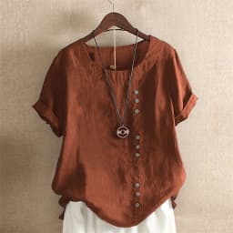 Women Single-breasted Decoration O Neck Pullover Shirt Vintage Cotton Linen Short Sleeves Blouse Comfortable Casual Female Tops