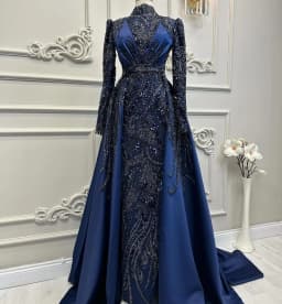 Navy Blue Floral Applique Vintage Evening Dresses Long Sleeves High Neck With Detachable Train Muslim Luxury Formal Party Dress
