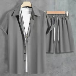Fashion Summer Men's Short Sleeve Shorts Set Men's Solid Colour Button Down Shirt Drawstring Short Two Piece Hawaii Beach Suit