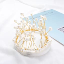Metal Pearl Princess Crown Cake Topper Shiny Artificial Pearls Headdress Wedding&Engagement Cake Decora Birthday Topper Handmade