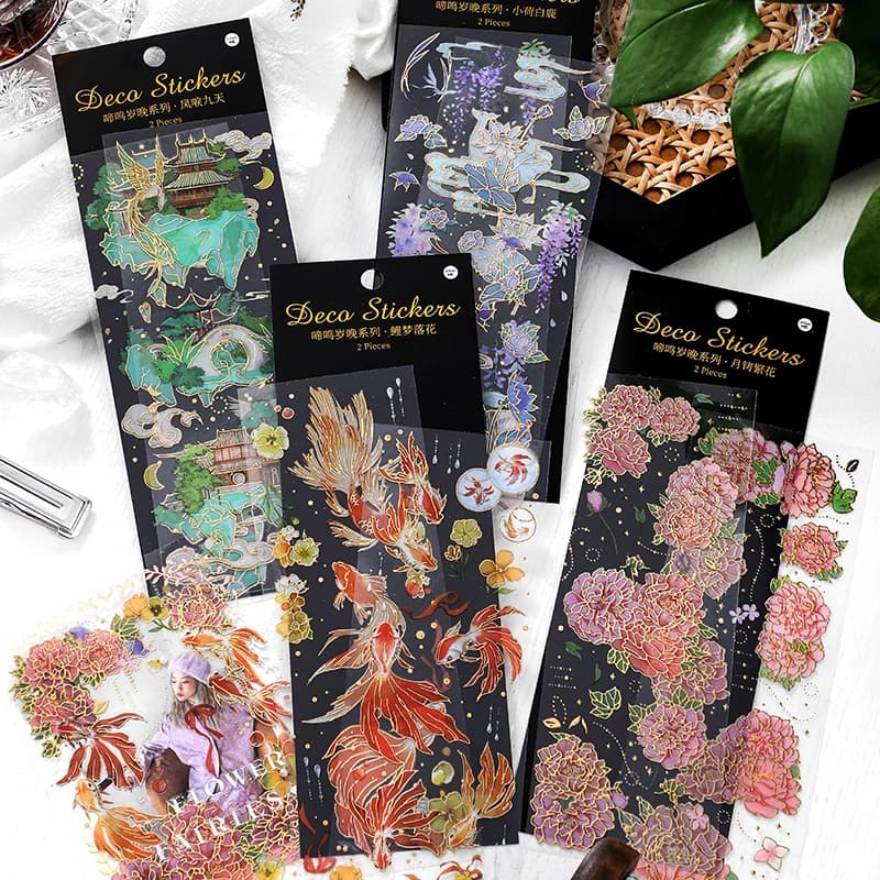 2 Sheets Chinese style Koi Flat Stickers aesthetic Journal notebook junk journal supplies Diy Scrapbooking Stationery Sticker
