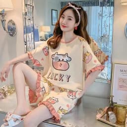 2PCS/Set Pajamas Ladies Short-Sleeved Loose Version Students Large Size Princess Style Strawberry Dinosaur Kawaii Cute Homewear