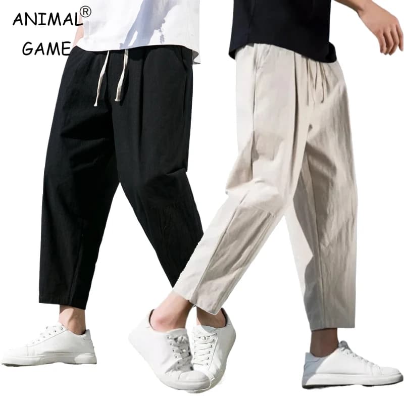 New Men's Linen Lightweight Sweatpants Cotton Solid Color Breathable Joggers Men Baggy Pants Streetwear Long Trousers Men