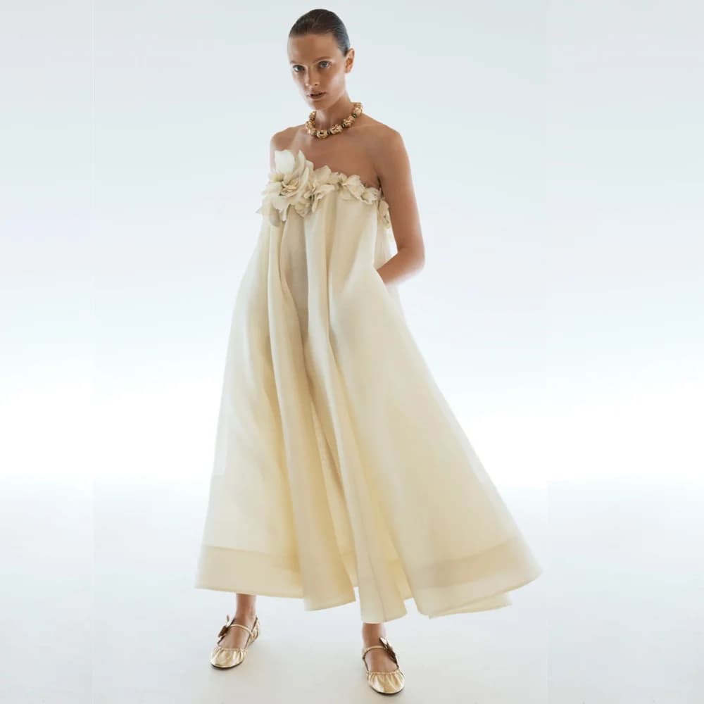 Customized Matching Chiffon Flower Straight Strapless Midi Dresses Prom Dresses Classic Exquisite Modern Style Pastrol Chinese