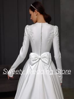 Modest Wedding Dress Customized Long Sleeves Beading Applique Court Train A Line Satin Muslim Bridal Gown Vestido De Noiva