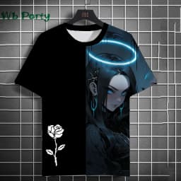 3D Print Clothing Anime Girls Rose Print Unisex Short Sleeve Anime Girls Graphic T Shirts Gothic T-Shirt Round Neck T-Shirt Tops