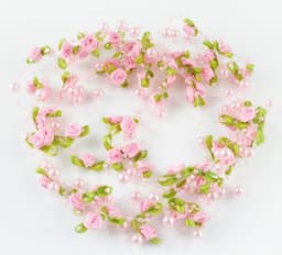 2M Pink Rose Pearl Beaded Leaf Garland Ribbon Wedding Gift Wrapping DIY Craft Accessory, Christmas Tree Holiday Party Decor