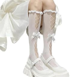 Women Lolita Fishnet Thigh High Socks Japanese Style Heart Striped Lace Patterned Over Knee Long Stockings Ruffled Frilly Kawaii