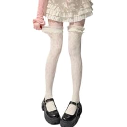Women Lolita Fishnet Thigh High Socks Japanese Style Heart Striped Lace Patterned Over Knee Long Stockings Ruffled Frilly Kawaii