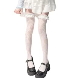 Women Lolita Fishnet Thigh High Socks Japanese Style Heart Striped Lace Patterned Over Knee Long Stockings Ruffled Frilly Kawaii