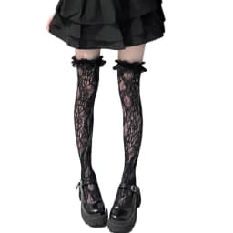 Women Lolita Fishnet Thigh High Socks Japanese Style Heart Striped Lace Patterned Over Knee Long Stockings Ruffled Frilly Kawaii