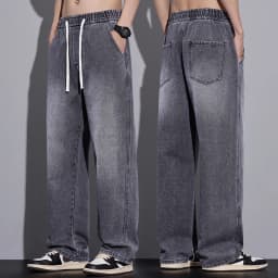 Men's Clothing Wide-leg Pants Baggy Jeans Streetwear Straight Fashion Denim Trousers Y2k Vintage Washed Elastic Waist Man Pants