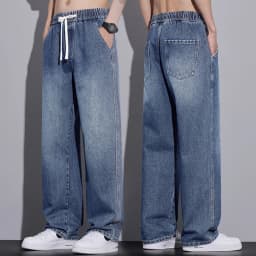 Men's Clothing Wide-leg Pants Baggy Jeans Streetwear Straight Fashion Denim Trousers Y2k Vintage Washed Elastic Waist Man Pants