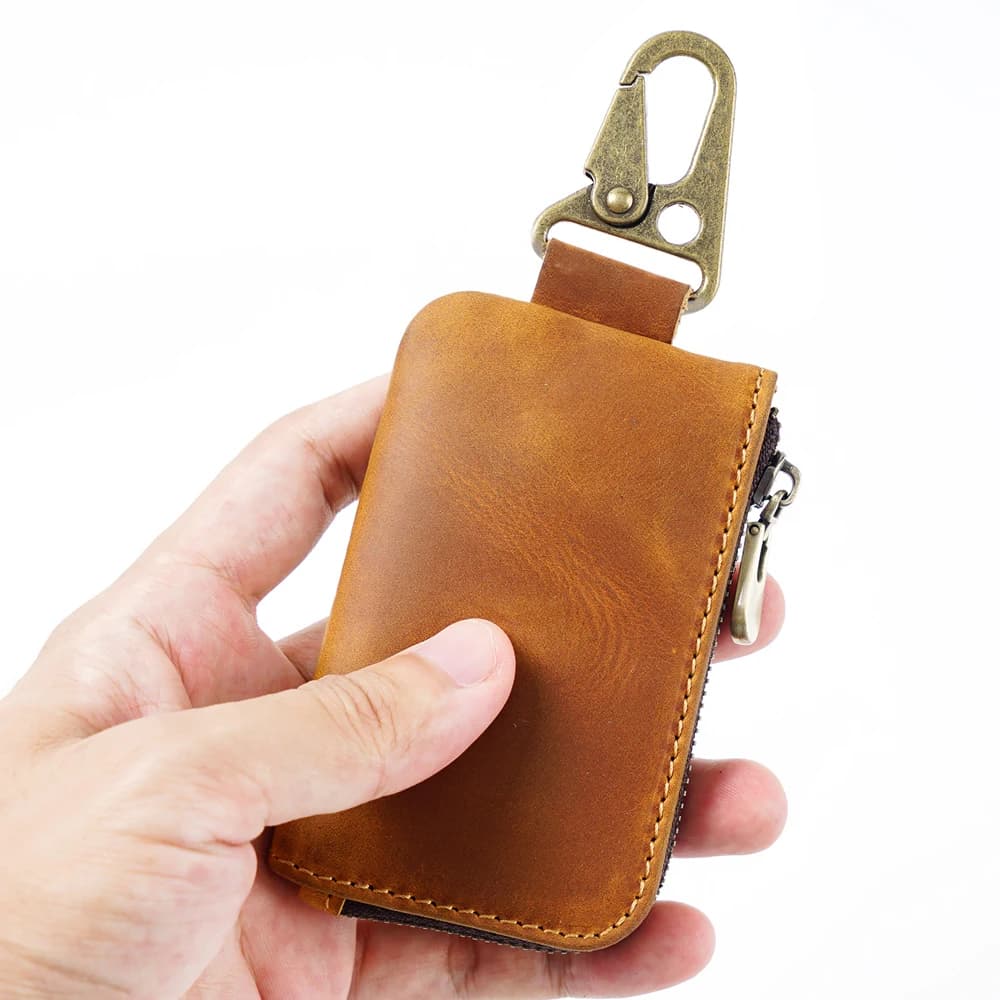 Multi-Functional Leather Coin Purse with Keychain Ring Key Holder Wallet with Carabiner Hook for Coins, Keys & Cards Mini Purse