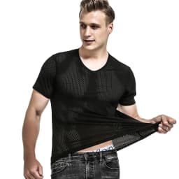 Ice mesh eye T-shirt Men's mesh breathable mesh hollow sports fitness summer quick dry loose V-neck tide mesh short sleeve